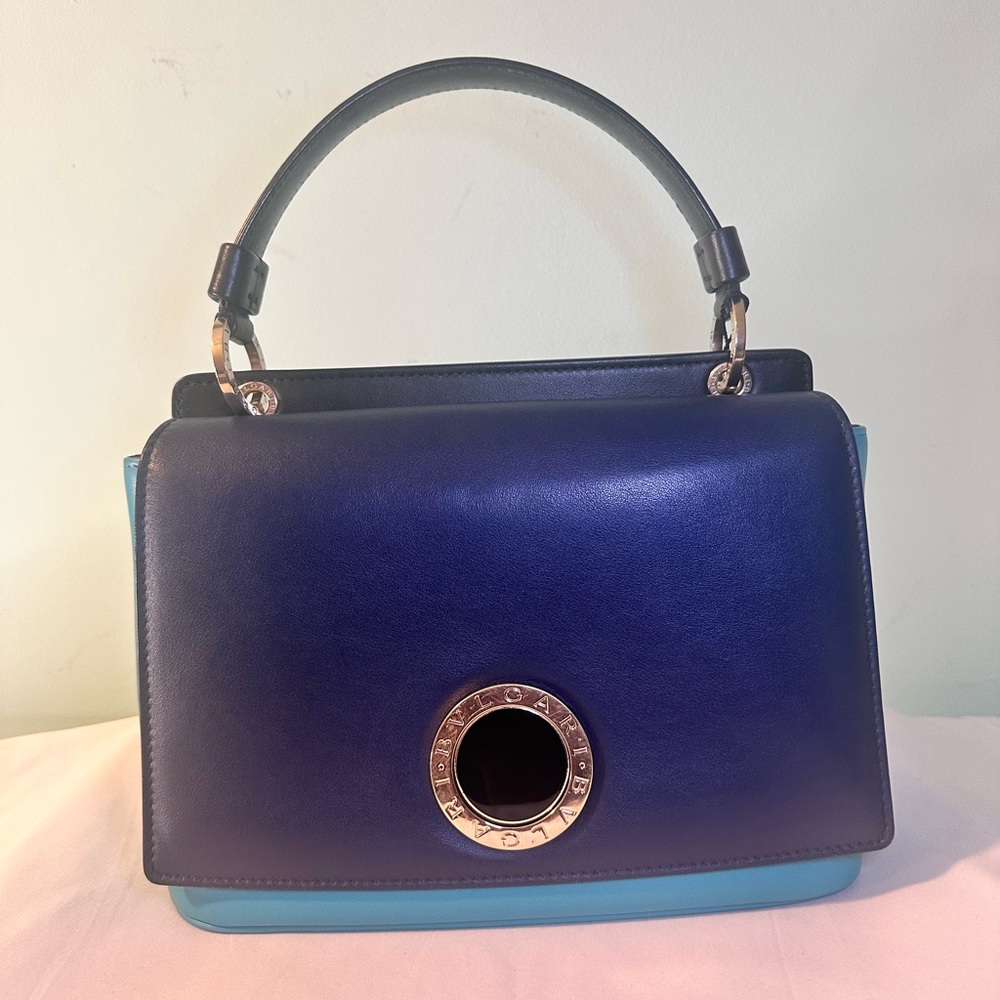 BVLGARI Colorblock Calfskin Top Handle Bag – Blue/Turquoise, Suede Interior